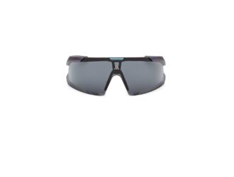 Adidas DUNAMIS EVO sport sunglasses with wraparound dark smoke-tinted shield lens, reinforced upper bar design and black frame, front view