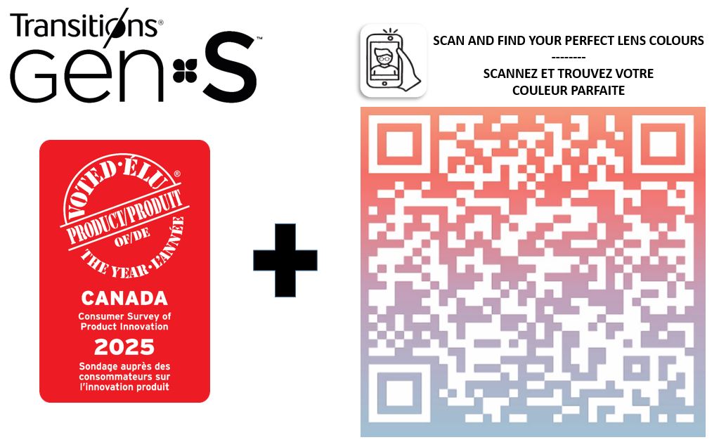 Promotion du produit Transitions GEN S présentant le logo de la marque et un badge circulaire rouge indiquant 'Produit de l'année Canada 2025 Sondage auprès des consommateurs sur l'innovation produit' en anglais et en français. Un code QR est affiché de manière proéminente avec le texte 'SCAN AND FIND YOUR PERFECT LENS COLOURS' en anglais et 'SCANNEZ ET TROUVEZ VOTRE COULEUR PARFAITE' en français.