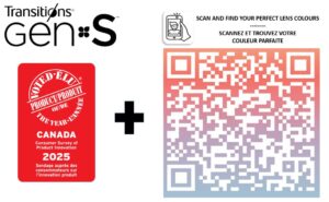 Transitions GEN S product promotion featuring the brand logo and a red circular badge indicating 'Product of the Year Canada 2025 Consumer Survey of Product Innovation' in both English and French. A QR code is prominently displayed with text 'SCAN AND FIND YOUR PERFECT LENS COLOURS' in English and 'SCANNEZ ET TROUVEZ VOTRE COULEUR PARFAITE' in French.
