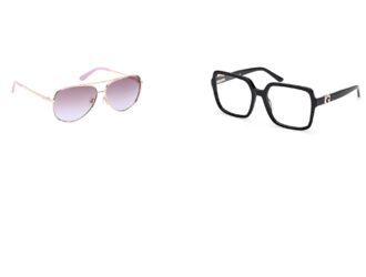 Collection GUESS avec lunettes de soleil aviateur en métal à verres dégradés roses et branches roses accompagnées de lunettes optiques carrées noires