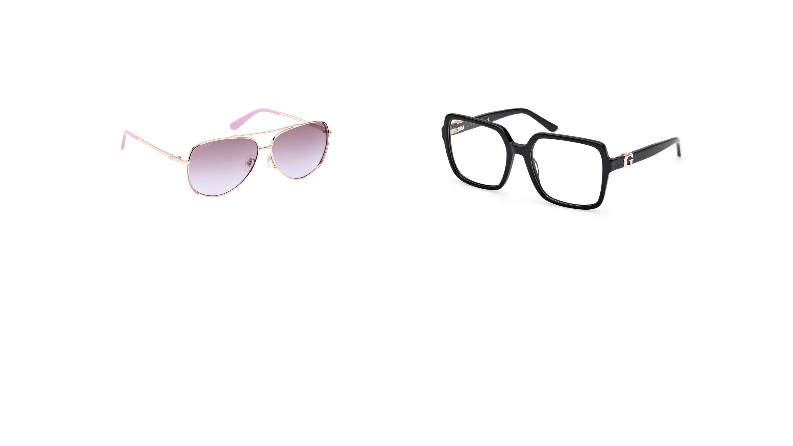 Collection GUESS avec lunettes de soleil aviateur en métal à verres dégradés roses et branches roses accompagnées de lunettes optiques carrées noires