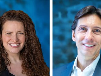 Side-by-side portraits of Meg Weathers and Samy Lauriette, newly appointed senior executives at HOYA Vision Care in North America.