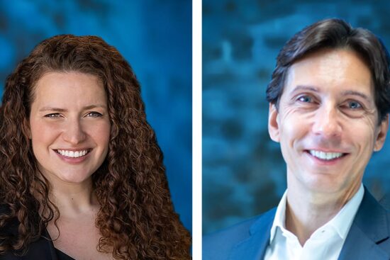 Side-by-side portraits of Meg Weathers and Samy Lauriette, newly appointed senior executives at HOYA Vision Care in North America.