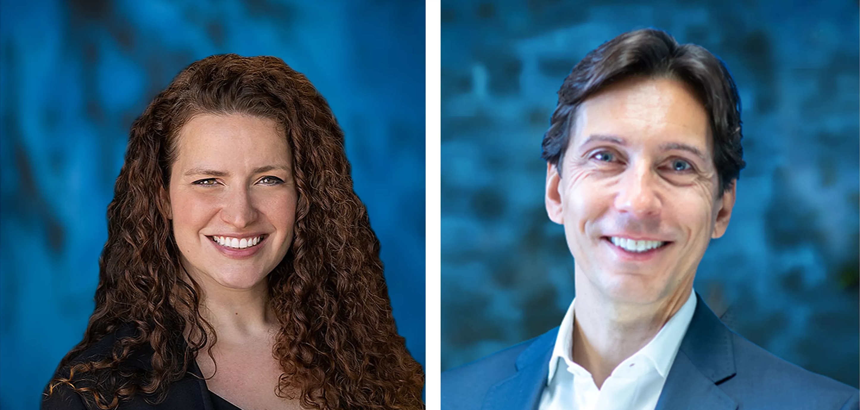 Side-by-side portraits of Meg Weathers and Samy Lauriette, newly appointed senior executives at HOYA Vision Care in North America.