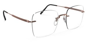 Lunettes sans monture Silhouette Visionary en titane bronze/doré avec une forme de verre rectangulaire, démontrant les branches en titane d'ingénierie de précision et le pont nasal sculptural en vue trois-quarts sur fond blanc.