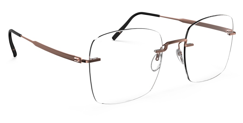 Lunettes sans monture Silhouette Visionary en titane bronze/doré avec une forme de verre rectangulaire, démontrant les branches en titane d'ingénierie de précision et le pont nasal sculptural en vue trois-quarts sur fond blanc.