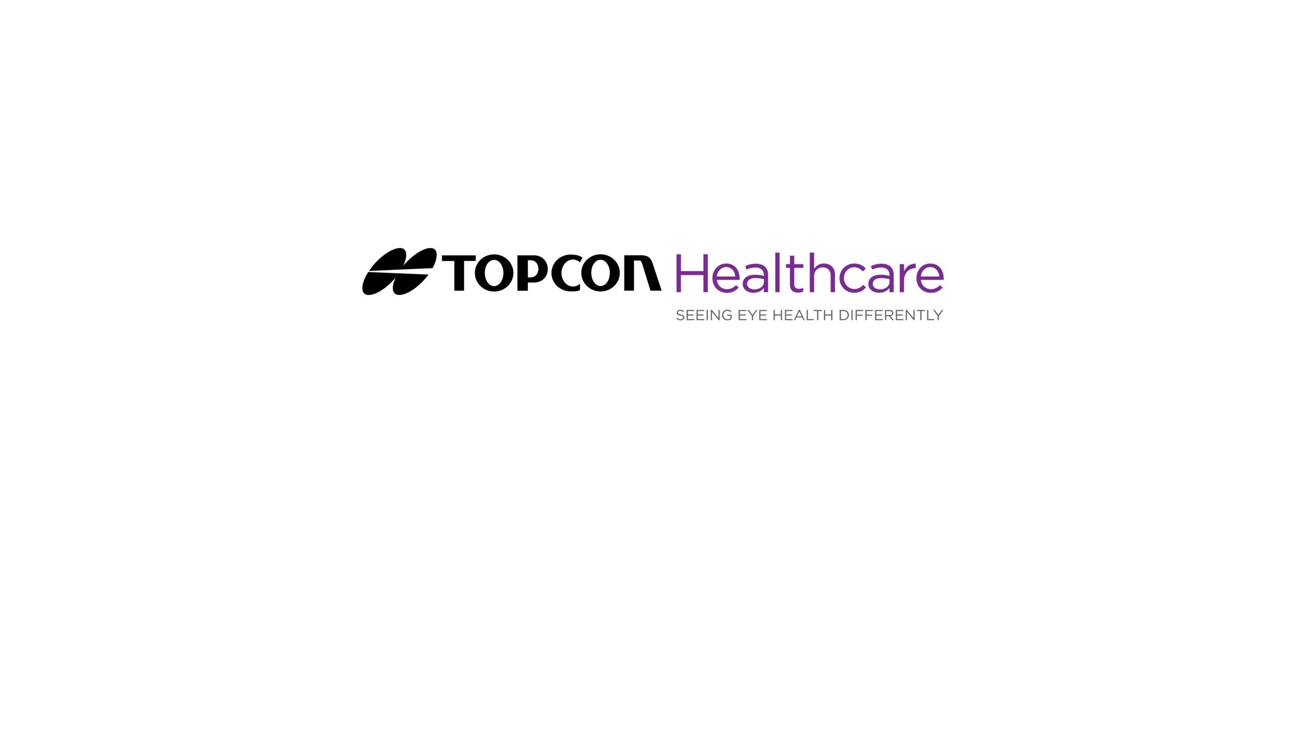 Topcon Healthcare company logo featuring the brand name "TOPCON Healthcare" with the tagline "SEEING EYE HEALTH DIFFERENTLY" on a clean white background
