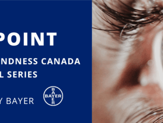 Banner for Fighting Blindness Canada’s “View Point” educational series, presented by Bayer, with a close-up photo of a human eye.