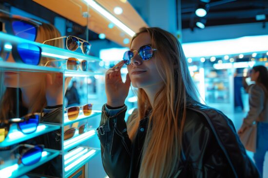 Une jeune femme aux longs cheveux blonds portant une veste en cuir noir essaie des lunettes de soleil bleues réfléchissantes dans un magasin d'optique moderne. Elle est entourée d'étagères éclairées présentant diverses montures de lunettes, avec un éclairage LED contemporain créant une ambiance vibrante bleu et orange dans tout le magasin.