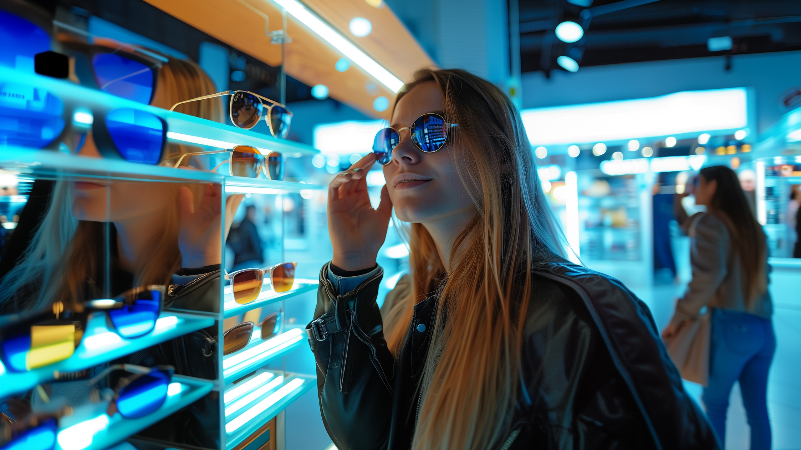Une jeune femme aux longs cheveux blonds portant une veste en cuir noir essaie des lunettes de soleil bleues réfléchissantes dans un magasin d'optique moderne. Elle est entourée d'étagères éclairées présentant diverses montures de lunettes, avec un éclairage LED contemporain créant une ambiance vibrante bleu et orange dans tout le magasin.