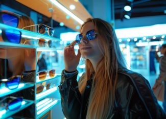 A young woman with long blonde hair wearing a black leather jacket tries on reflective blue sunglasses in a modern optical retail store. She is surrounded by illuminated shelves displaying various eyewear frames, with contemporary LED lighting creating a vibrant blue and orange ambiance throughout the store.