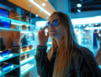 A young woman with long blonde hair wearing a black leather jacket tries on reflective blue sunglasses in a modern optical retail store. She is surrounded by illuminated shelves displaying various eyewear frames, with contemporary LED lighting creating a vibrant blue and orange ambiance throughout the store.