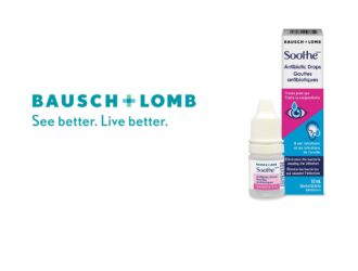 oothe Antibiotic Drops bottle and packaging next to Bausch + Lomb logo and tagline