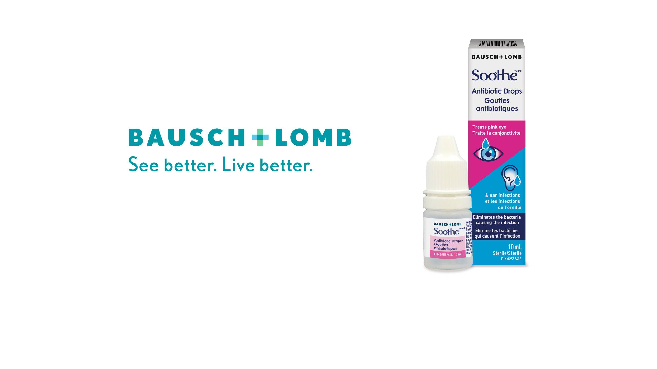 oothe Antibiotic Drops bottle and packaging next to Bausch + Lomb logo and tagline