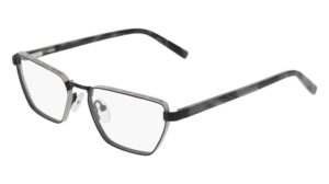 Lunettes optiques rectangulaires DKNY avec monture écaille noire et grise sur fond blanc