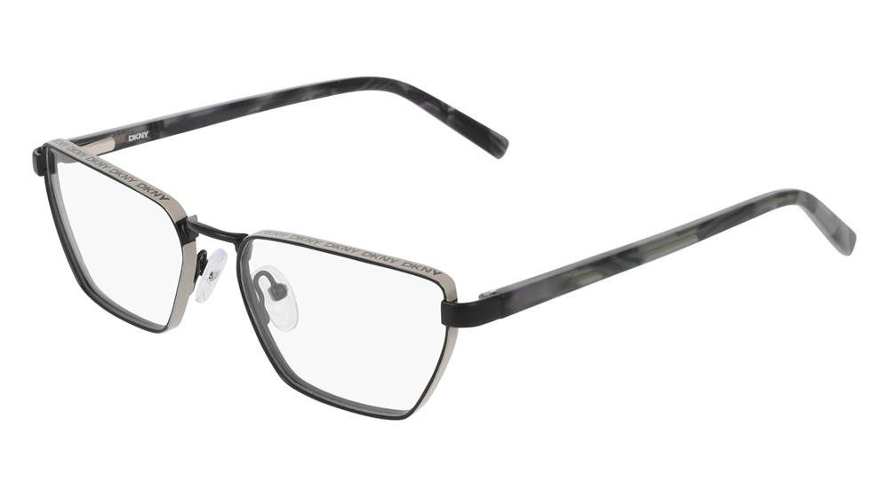 DKNY rectangular optical glasses with black and gray tortoiseshell frames on white background
