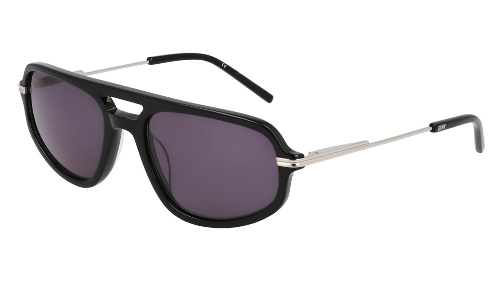 Lunettes de soleil aviateur DKNY avec monture noire et branches argentées sur fond blanc