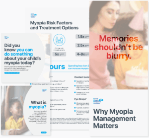 GMAC Myopia Awareness Toolkit educational materials including brochures on myopia risk factors, treatment options, and why myopia management matters for childhood vision