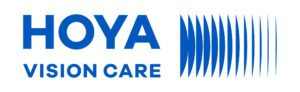 Logo HOYA Vision Care en bleu avec le nom de l'entreprise en lettres grasses et un élément graphique stylisé de lignes verticales sur le côté droit