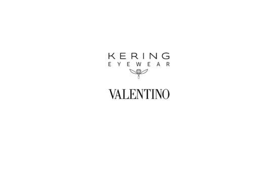 Kering Eyewear and Valentino logos displayed on white background with decorative winged emblem between them.