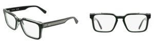 Lacoste L4003 optical glasses in transparent dark green acetate, shown from side angle and front view, featuring rectangular frames with metal temple detailing.