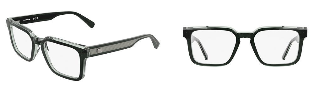 Lacoste L4003 optical glasses in transparent dark green acetate, shown from side angle and front view, featuring rectangular frames with metal temple detailing.