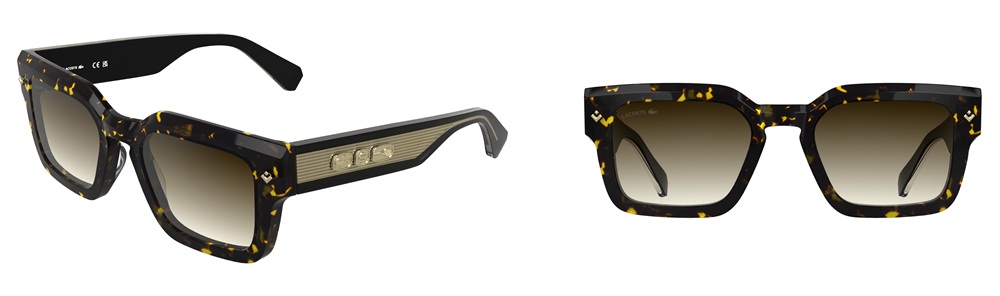 Lunettes de soleil Lacoste L6071S en acétate écaille de tortue havane foncé avec verres dégradés bruns, présentées de profil et de face, avec monture rectangulaire audacieuse et détails gravés sur les branches.