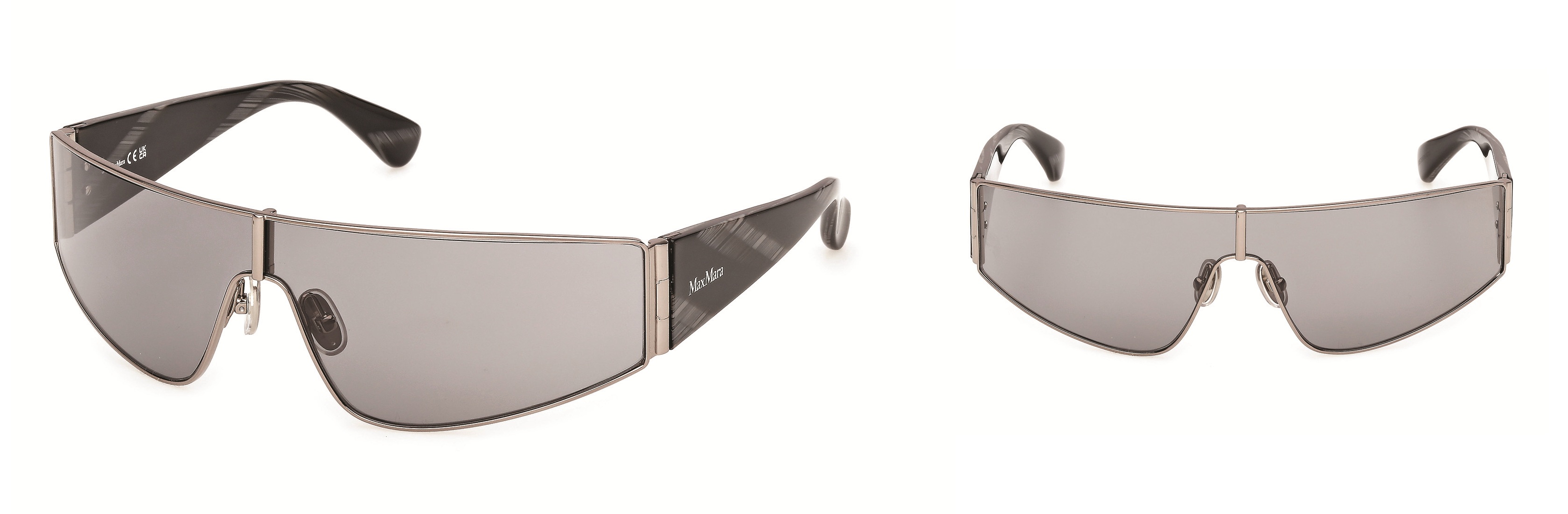 Lunettes de soleil Max Mara MM0164 avec verres boucliers rectangulaires audacieux et monture métallique finition gunmetal avec branches en acétate foncé, présentant le design géométrique avec charnières tubulaires inspirées du style architectural d'Eileen Gray.
