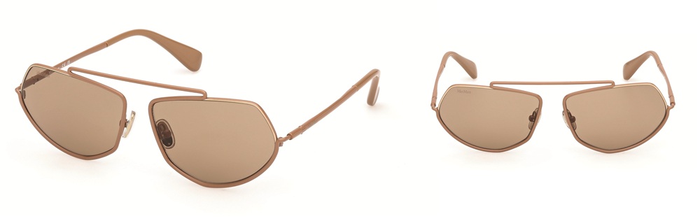 Lunettes de soleil Max Mara MM0165 en monture métallique camel/bronze chaud avec design géométrique et verres teintés assortis, représentant une version revisitée du modèle iconique Elsa avec un style contemporain élégant.