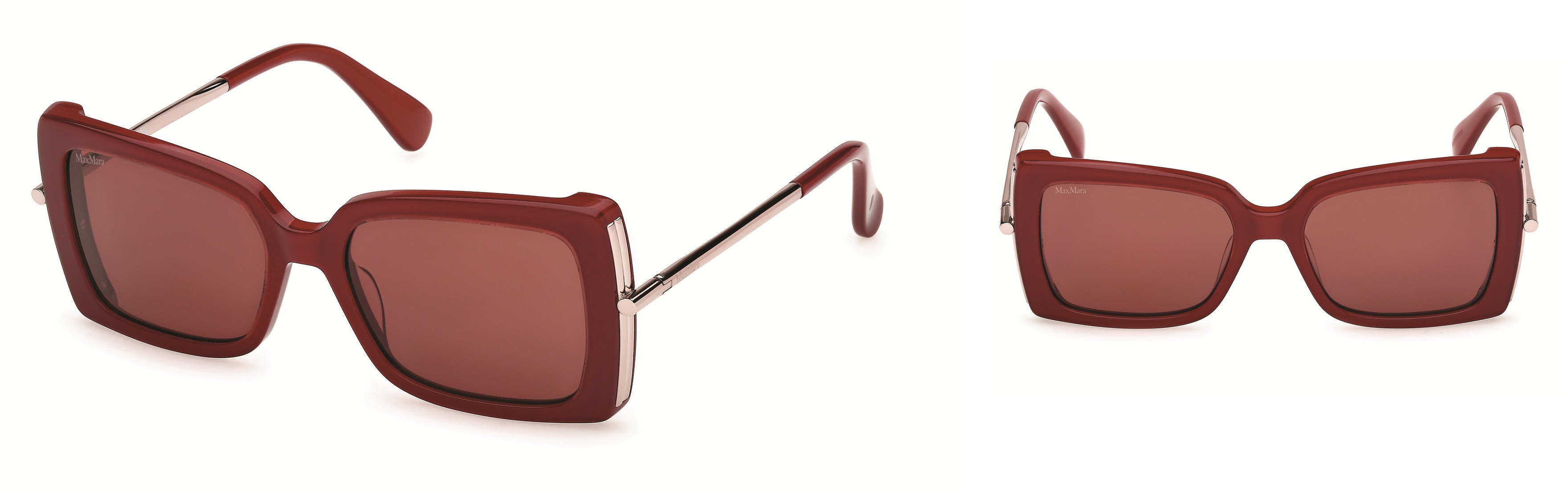 Lunettes de soleil Max Mara MM0166 avec face carrée en acétate motif écaille de tortue havane classique combinée à des branches métalliques fines, présentant une silhouette papillon et des détails de construction tubulaire pour un look 'luxe discret' raffiné