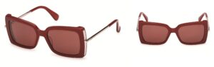 Max Mara MM0166 sunglasses with square acetate front in classic tortoiseshell havana pattern combined with slim metal temples, featuring butterfly-shaped silhouette and tubular construction details for a refined 'quiet luxury' look.