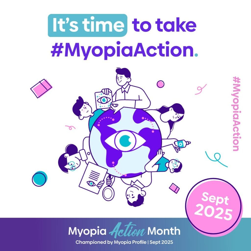 Graphique promotionnel du Mois d'Action Myopie pour septembre 2025, présentant des personnes illustrées autour d'un globe avec un symbole d'œil, promouvant la campagne de sensibilisation #MyopiaAction