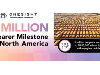 Infographic from OneSight EssilorLuxottica Foundation celebrating 5 million eyeglass wearers milestone in North America. Features an aerial view of thousands of yellow school buses arranged in rows. Text overlay states '5 million people is enough to fill 80,000 school buses with eyeglass recipients.' Logo shows an eye symbol with glasses.
