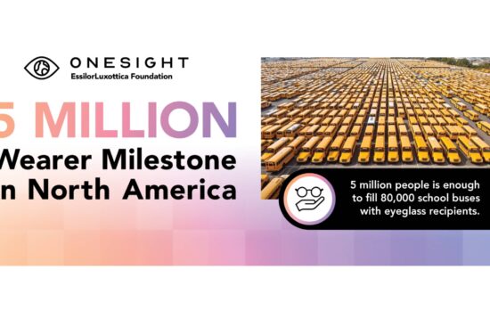 Infographic from OneSight EssilorLuxottica Foundation celebrating 5 million eyeglass wearers milestone in North America. Features an aerial view of thousands of yellow school buses arranged in rows. Text overlay states '5 million people is enough to fill 80,000 school buses with eyeglass recipients.' Logo shows an eye symbol with glasses.