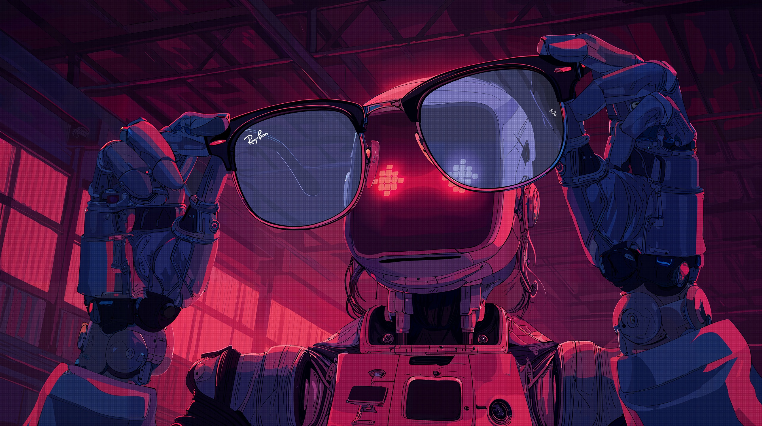 Robot illustré aux yeux rouges lumineux tenant une paire de lunettes Ray-Ban en avant-plan, sur fond futuriste et sombre.