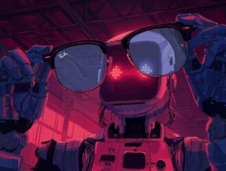 Illustrated robot with glowing red eyes holds a pair of Ray-Ban sunglasses up, front and center, set against a moody, futuristic background.