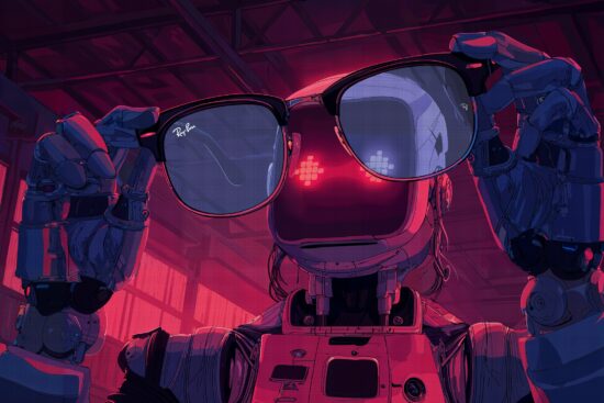 Illustrated robot with glowing red eyes holds a pair of Ray-Ban sunglasses up, front and center, set against a moody, futuristic background.