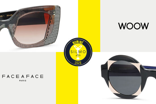 Split promotional image showing FACE A FACE FLARE sunglasses on left and WOOW SUPER TACTIC sunglasses on right, with SILMO d'Or 2025 nomination badge in center on yellow background