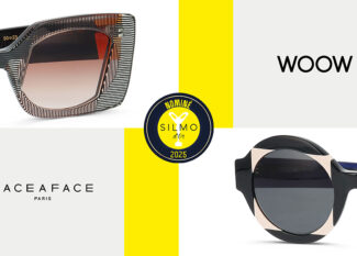 Image promotionnelle divisée montrant les lunettes FACE A FACE FLARE à gauche et WOOW SUPER TACTIC à droite, avec le badge de nomination SILMO d'Or 2025 au centre sur fond jaune