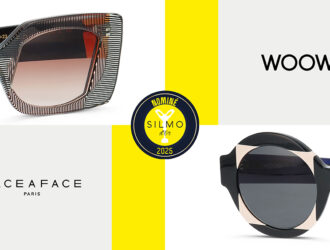 Image promotionnelle divisée montrant les lunettes FACE A FACE FLARE à gauche et WOOW SUPER TACTIC à droite, avec le badge de nomination SILMO d'Or 2025 au centre sur fond jaune