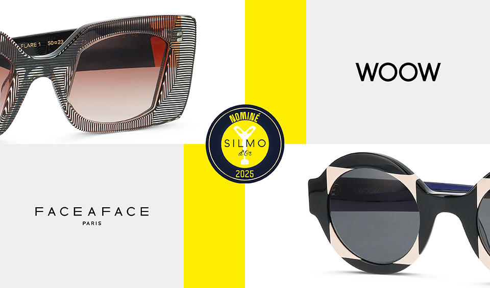 Image promotionnelle divisée montrant les lunettes FACE A FACE FLARE à gauche et WOOW SUPER TACTIC à droite, avec le badge de nomination SILMO d'Or 2025 au centre sur fond jaune
