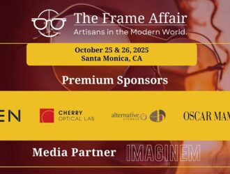 mage promotionnelle pour l'événement The Frame Affair: Artisans in the Modern World les 25 et 26 octobre 2025 à Santa Monica, CA. Présente une palette de couleurs ambrées et bordeaux avec un arrière-plan de portrait flou. Liste les sponsors premium : ZEN, Cherry Optical Lab, Alternative Eyewear, et Oscar Mamooi. Indique Imaginem comme partenaire médias. Le logo The Frame Affair apparaît en haut.