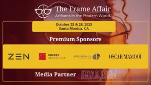 Promotional image for The Frame Affair: Artisans in the Modern World event on October 25 & 26, 2025 in Santa Monica, CA. Features a warm amber and burgundy color scheme with a blurred portrait background. Lists Premium Sponsors: ZEN, Cherry Optical Lab, Alternative Eyewear, and Oscar Mamooi. Shows Imaginem as Media Partner. The Frame Affair logo appears at the top.