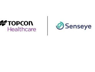 Partnership announcement showing Topcon Healthcare and Senseye logos separated by a vertical line