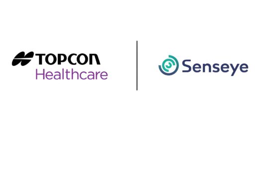 Partnership announcement showing Topcon Healthcare and Senseye logos separated by a vertical line