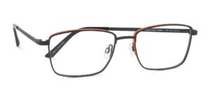 Modèle de lunettes William Morris WHARF présentant une monture entièrement métallique en gunmetal foncé avec des détails d'accent orange sur le rebord intérieur. La monture rectangulaire met en valeur les détails de tôle métallique étagée et le design contrastant inspiré du quartier d'affaires Canary Wharf de Londres.