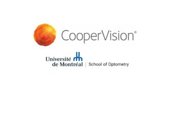 Logos de CooperVision et de l'École d'optométrie de l'Université de Montréal affichés ensemble sur un fond clair. Le logo CooperVision présente un symbole circulaire en dégradé orange-rouge accompagné du nom de l'entreprise en texte gris avec un symbole de marque déposée. En dessous se trouve le logo de l'Université de Montréal en bleu avec "School of Optometry" en texte noir séparé par une ligne verticale.