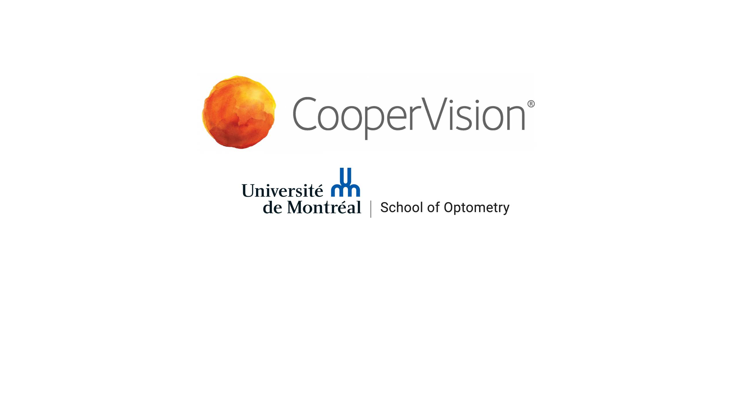 Logos de CooperVision et de l'École d'optométrie de l'Université de Montréal affichés ensemble sur un fond clair. Le logo CooperVision présente un symbole circulaire en dégradé orange-rouge accompagné du nom de l'entreprise en texte gris avec un symbole de marque déposée. En dessous se trouve le logo de l'Université de Montréal en bleu avec "School of Optometry" en texte noir séparé par une ligne verticale.