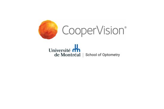 CooperVision and Université de Montréal School of Optometry logos displayed together on a light background. The CooperVision logo features an orange-to-red gradient circular symbol alongside the company name in gray text with a registered trademark symbol. Below it is the Université de Montréal logo in blue with "School of Optometry" in black text separated by a vertical line