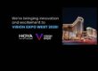 HOYA Vision Expo West 2025 announcement with Las Vegas venue backdrop and company logos